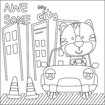 Vector illustration of funy tiger driving the white car Stock Illustration