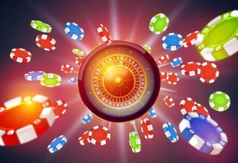 Vector illustration gambling roulette wheel isolated on gambling chips explos Stock Illustration