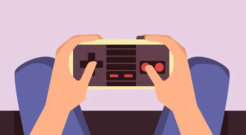 Vector illustration of game controller, joystick, console device in human hands. Illustrazione stock
