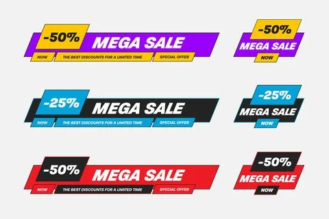 Vector illustration of geometric banner for mega sale, set of colorful flye.. Stock Illustration