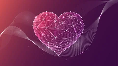 Vector illustration of a geometric heart made of lines and dots on a purple b Stock Illustration