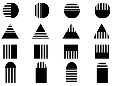 Vector illustration of geometric shapes, half solid, half linear. Stock Illustration