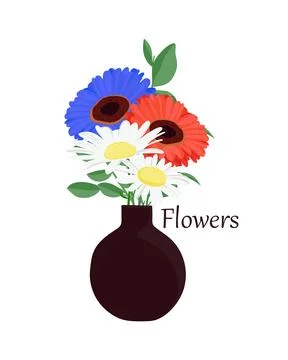 Vector illustration of gerbera and daisy in a vase with the inscription Flowers. Stock Illustration