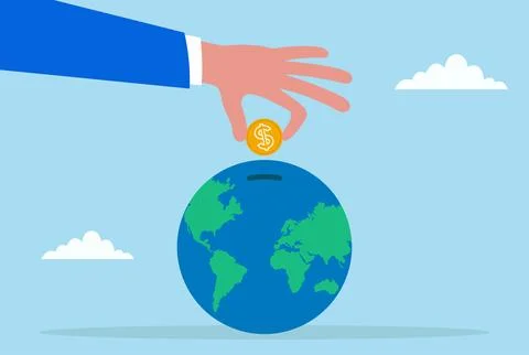 Vector illustration of a giant hand inserting a gold coin into a globe, Stock Illustration