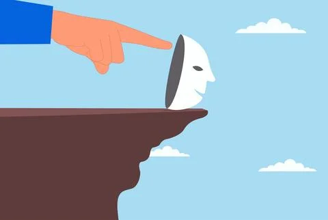 Vector illustration of a giant hand pushing a scam mask down a steep hill Stock Illustration