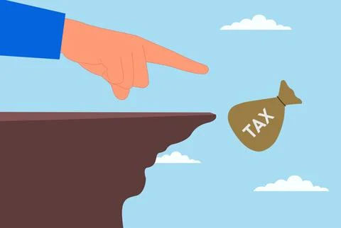 Vector illustration of a giant hand pushing a tax sack off the top of cliff Stock Illustration