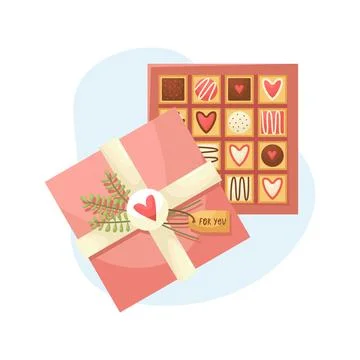 Vector illustration of a gift box of chocolates for Valentines day. Flat styl 스톡 일러스트