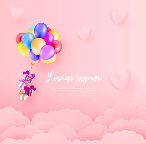 Vector illustration of gift boxes, balloons hang the gift box on the sky. Paper 스톡 일러스트