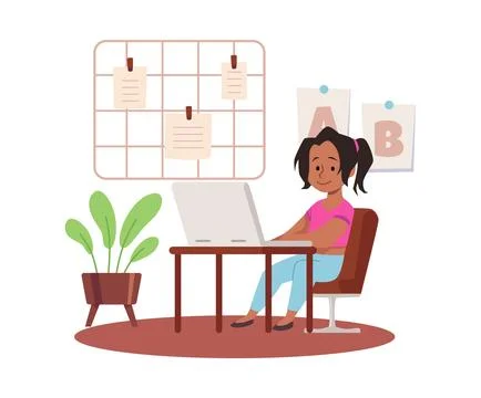 Vector illustration of a girl sitting at a computer next to a blackboard with Ilustración de archivo