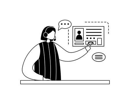 Vector illustration of a girl working in a call center wearing headphones wit Stock Illustration