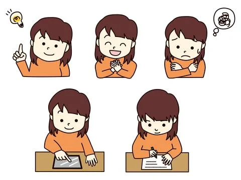 Vector illustration of girls studying.5 patterns. Stock Illustration