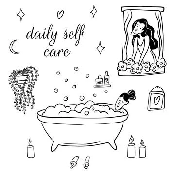 Vector illustration of girls taking care of their mental health in doodle s.. Stock Illustration