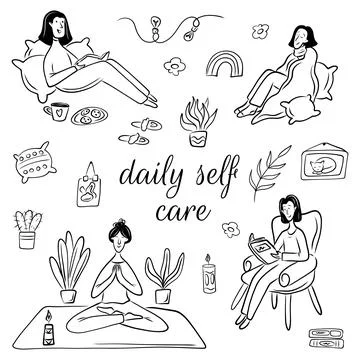 Vector illustration of girls taking care of their mental health in doodle s.. Stock Illustration
