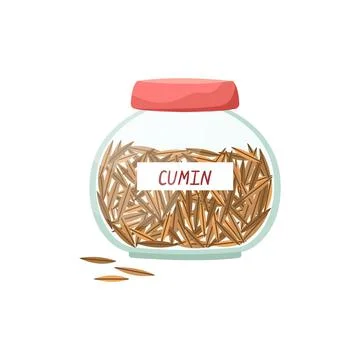 Vector illustration of a glass jar with cumin seeds. Spices. Stock Illustration