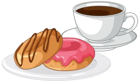 Vector Illustration of Glazed Donuts and a Cup of Black Coffee Stock Illustration