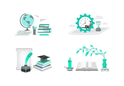 Vector illustration of a globe, books, table,ink. Admission of student. Stock Illustration