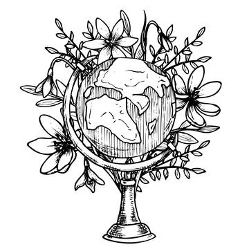 Vector illustration of Globe with flowers. Hand drawn sketch of vintage model of Stock Illustration