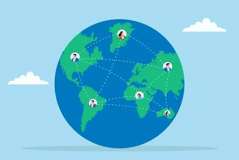 Vector illustration of a globe with people connected across continents Stock Illustration