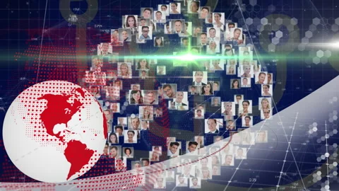 A vector illustration of a globe with profile pictures surrounding it Stock Footage 315733730