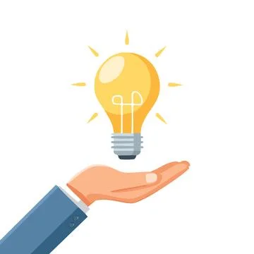 A vector illustration of a glowing light bulb resting on a human hand, symb.. Stock Illustration