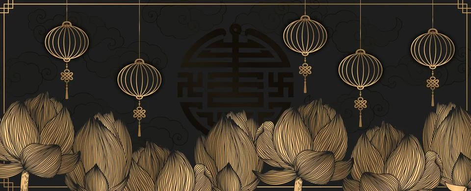 Vector illustration with gold clouds, lanterns and lotus flowers isolated o.. Stock Illustration