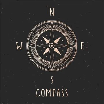 Vector illustration with gold compass or wind rose and frame on dark backgrou Illustrazione stock