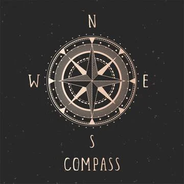 Vector illustration with gold compass or wind rose and frame on dark backgrou Stock Illustration