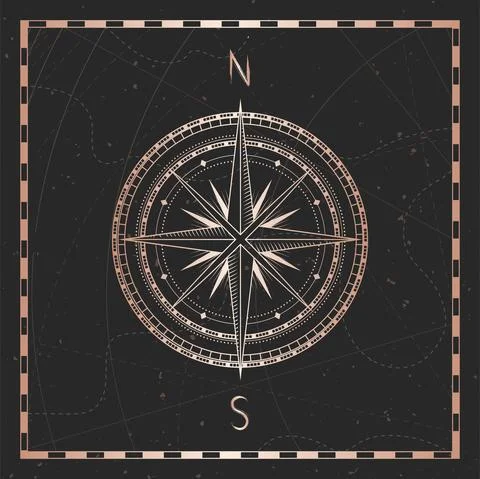 Vector illustration with gold compass or wind rose and frame on dark backgrou Stock Illustration