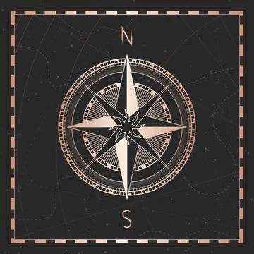 Vector illustration with gold compass or wind rose and frame on dark backgrou Stock Illustration