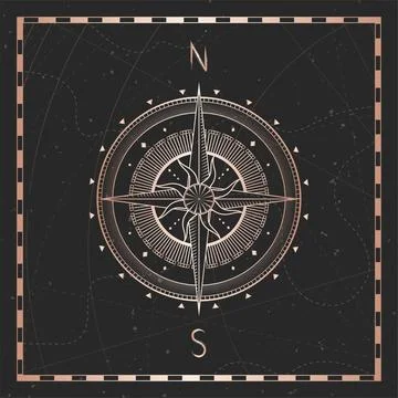 Vector illustration with gold compass or wind rose and frame on dark backgrou Stock Illustration
