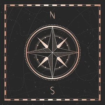 Vector illustration with gold compass or wind rose and frame on dark backgrou Stock Illustration
