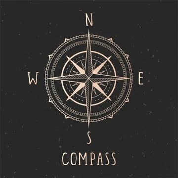 Vector illustration with gold compass or wind rose and frame on dark backgrou Stock Illustration