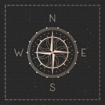 Vector illustration with gold compass or wind rose and frame on dark backgrou Stock Illustration
