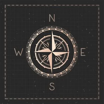 Vector illustration with gold compass or wind rose and frame on dark backgrou Stock Illustration