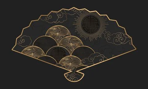 Vector illustration with gold fan shape, waves, clouds and symbols isolated.. Stock Illustration