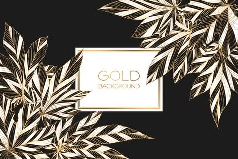 Vector illustration with gold hand drawn leaves frame isolated on black bac.. Stock Illustration