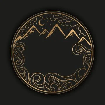 Vector illustration with gold mountains, waves, clouds and place for text i.. Stockillustratie