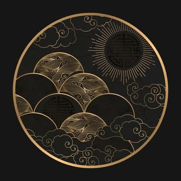 Vector illustration with gold Sun, waves, clouds and symbols isolated on blac Stock Illustration