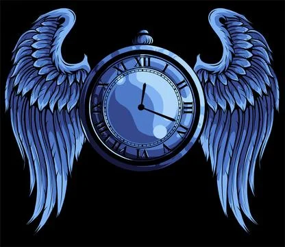 Vector illustration of golden clock with wings on black background Stock Illustration