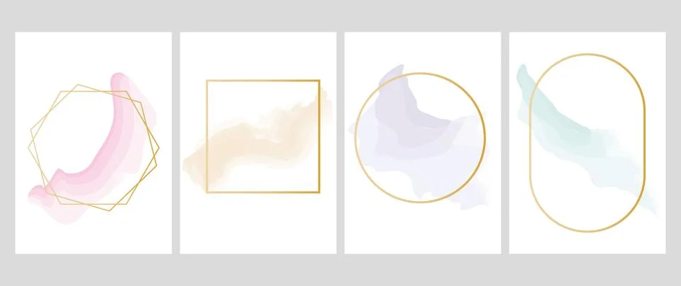 Vector illustration. Golden frames with colored delicate paints. Set of four Illustrazione stock
