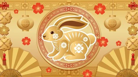 Vector illustration of a golden rabbit surrounded by lanterns, fans, and cher Stock Illustration