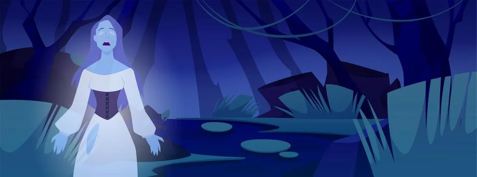 Vector illustration of gothic female ghost character on forest swamp background Stock Illustration