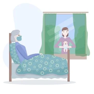 Vector illustration of a grandmother in a hospital. Daughter visits and shows Stock Illustration