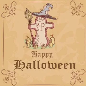 Vector illustration. Gravestone with a witch hat and broom. Halloween Stock Illustration