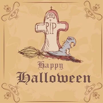 Vector illustration. Gravestone with a witch hat and broom. Halloween Stock Illustration