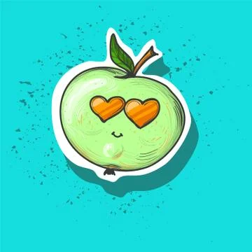 Vector illustration. Green apple with stem and leaf in sun glasses. Cartoon Stock Illustration