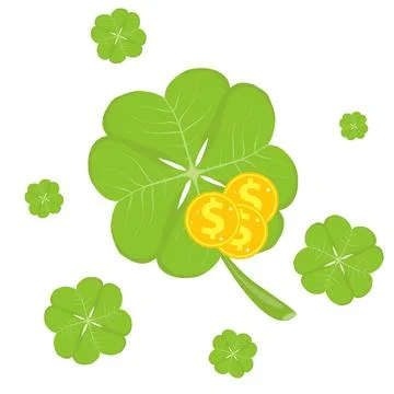 Vector illustration of green four leaf clover with gold dollar coins Stock Illustration