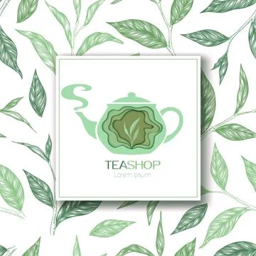 Vector illustration with green hand drawn tea leaves pattern and teapot logo  Stock Illustration