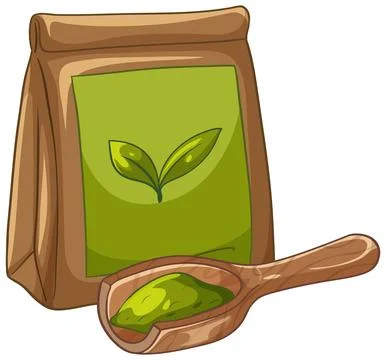 Vector Illustration of Green Tea Powder Bag and Wooden Scoop Stock Illustration