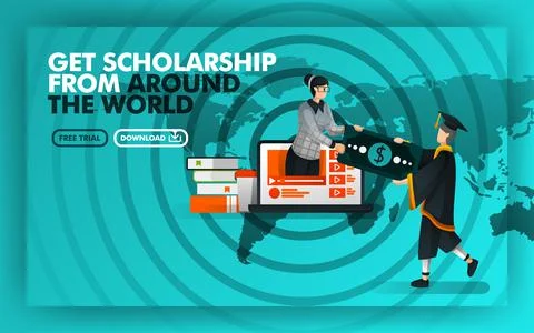 Vector illustration. Green website banner about get scholarship from around t Ilustração Stock